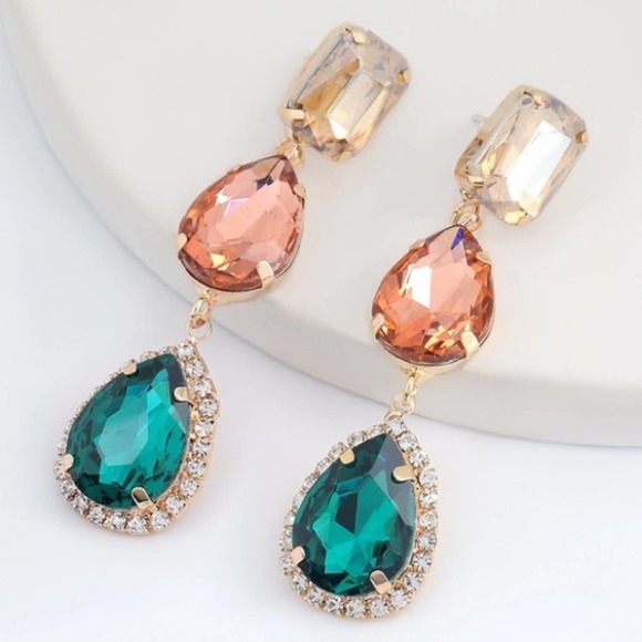 Multi-Color Rhinestone Jeweled Drop Earrings - Picture 3 of 12